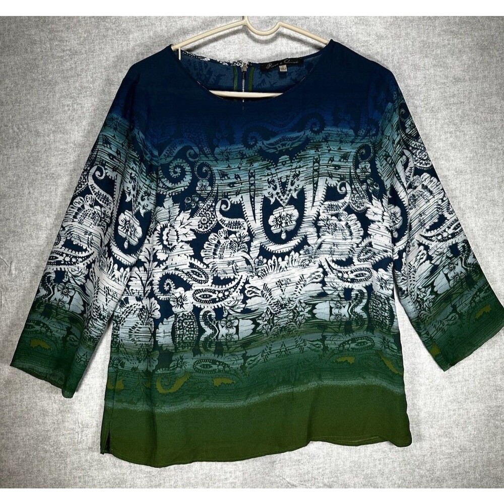 Rose & Olive Sz S Blue Green Paisley Print Blouse Tunic Top 3/4 Sleeve Back Zip